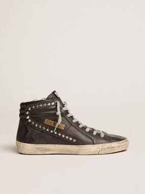 Golden Goose Black Leather Slide with Silver Studs. 37